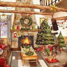 a watercolor painting of a living room with christmas trees and presents on the fireplace