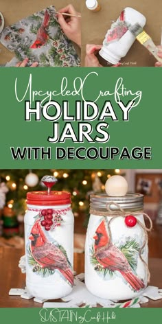 two mason jars decorated with red cardinals and pine cones