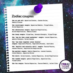 a piece of paper with the words zodiac couples on it next to a space background