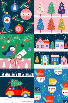 four different christmas cards with cartoon animals and trees on them, all in bright colors