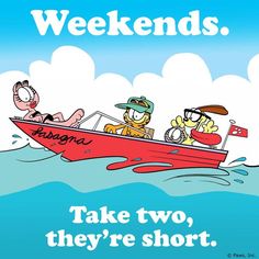 a cartoon boat with three people in it and the words weekends take two, they're short