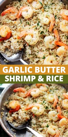 garlic butter shrimp and rice in a skillet