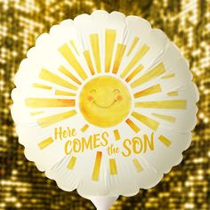 Cute whimsical simple inked smiling cheerful sun art here come the son baby shower balloon. Other matching baby shower items in this design are also available or can be created by request. © Unique hand painted ink art and design by Sarah Trett exclusively for www.mylittleeden.com only on Zazzle. Here Come The Son, Here Comes The Son, Shower Items, Baby Shower Items, Sunshine Baby Showers, Matching Baby, Yellow Sun, Baby Shower Balloons