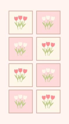 four squares with flowers on them in pink and green colors, one has white tulips