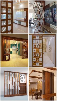 several pictures of different types of furniture in a room with wood and glass partitions