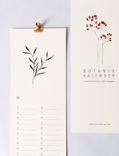 a calendar with a plant on it next to a card that says botanical kalender