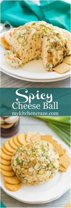 spinach cheese ball on a plate with crackers next to it and the recipe below