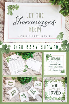 shamrocks o'baby themed baby shower invitation, shenanigans welcome sign irish banner Boy Baby Shower Ideas March, Irish Themed Baby Shower Ideas, St Patrick's Day Baby Shower Ideas, Shamrock Baby Shower Ideas, Irish Baby Shower Ideas, Baby Shower Ideas March, Baby Shower Themes March