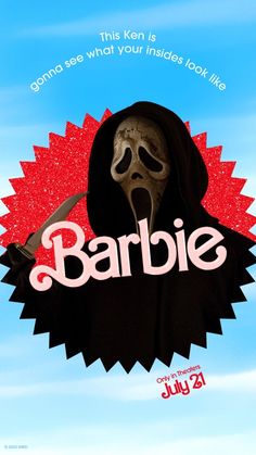 a movie poster with a skeleton holding a knife in it's mouth and the words barbie