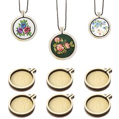 six necklaces with flowers on them are shown in different shapes and sizes, including one round