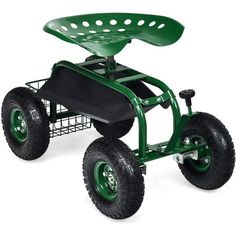 a green cart with four wheels and a basket on the back is shown in front of a white background