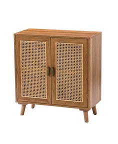 a wooden cabinet with rattan doors and two drawers on one side, against a white background