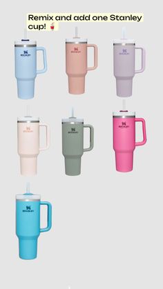 six different colored coffee mugs with lids and handles, all in various colors on a white background