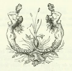 two mermaids are standing in the water with their backs to each other, vintage line drawing or engraving