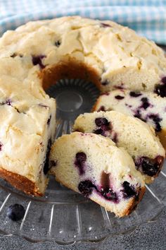 a blueberry bunt cake on a glass plate