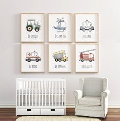 a baby's room with four framed pictures on the wall