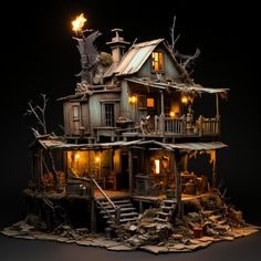 a doll house made out of wood with stairs and trees on the roof, in front of a black background