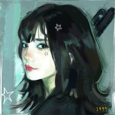 an artistic painting of a woman with stars on her forehead and black hair, looking to the side