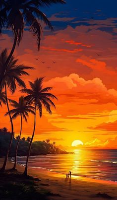 a painting of two people walking on the beach at sunset with palm trees in the foreground