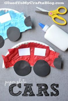 paper plate cars made with construction paper and scissors on a gray tablecloth that says, paper plate cars