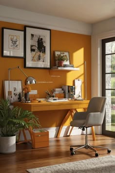 an office with yellow walls and pictures on the wall above it, along with a chair