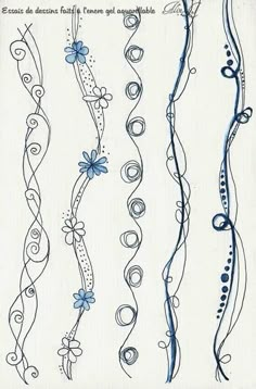 four different designs with blue flowers and swirls on white paper, one is drawn by hand