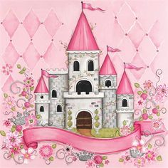 a painting of a princess castle with pink flowers on the side and a ribbon around it