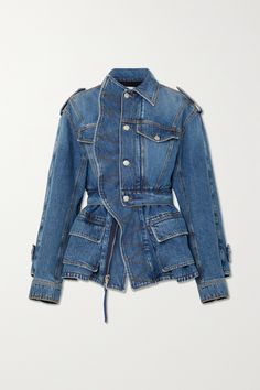 Alexander McQueen's denim jacket is like no other. It has a nipped-in waist and flouncy peplum hem that create an hourglass shape and is traced with an artful ruffle for a feminine, couture-like flourish. Wear yours with tonal jeans and ankle boots. Barbie Sewing, Alexander Mcqueen Clothing, Peplum Jacket, Flat Collar, Denim Trends, Peplum Hem, Casual Jacket, Jeans Denim, Medium Blue