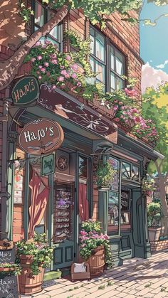 a painting of a store front with flowers on the windows and plants growing out of it