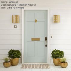 two potted plants sit in front of a blue door