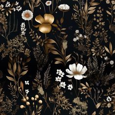 Odette Arboretum Wallpaper - Painted Paper Peel And Stick Wallpaper Ideas, Woodland Pattern, Gold Backdrop, Flower Dance, Salon Suites, Gold Palette, Black Backdrops, Botanical Illustrations, Botanical Wallpaper