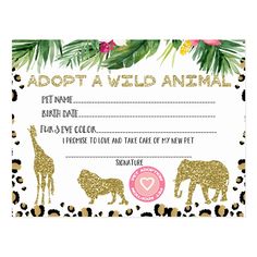 an animal themed gift certificate with gold glitter animals and palm leaves on the bottom, along with a pink heart