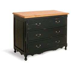 a black dresser with two drawers and a wood top on it's legs, against a white background