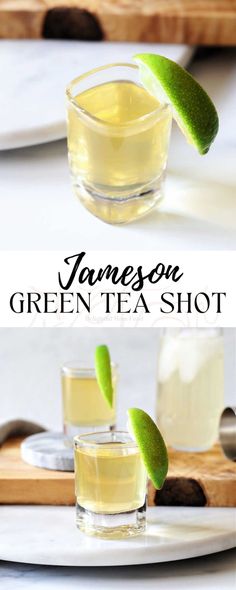 two glasses filled with green tea shots on top of a cutting board