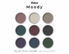 the dulux moody color palette is shown in several different shades and sizes, including dark