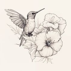 a black and white drawing of a hummingbird on flowers