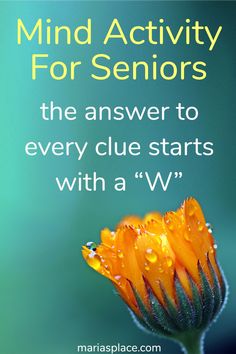 an orange flower with water droplets on it and the words mind activity for seniors, the answer to every clue starts with a v