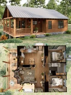 two pictures showing the inside and outside of a small cabin with porches on each side