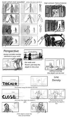 the storyboard shows how to draw people in different poses and positions, with instructions for each