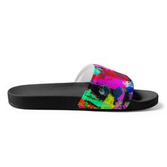 Multicolor Abstract Expression Pattern Women's slides. A must-have for the summer: these women’s slides. A pair of these will keep you comfy throughout your day of beach or pool activities, thanks to the cushioned upper strap and the textured footbed. • Cushioned and durable faux leather upper strap • Lightweight polyurethane (PU) outsole • Contoured, textured footbed • Stitched around the upper perimeter for extra durability • Spot clean only • Printed, cut, and handmade • Blank product sourced Multicolor Slip-on Slides For Summer, Comfortable Multicolor Slide Sandals, Trendy Non-slip Slide Flip Flops, Black Open Toe Sandals For Pool, Non-slip Slide Slippers For Swimming, Multicolor Sport Sandals For Summer Beach, Black Slides For Poolside Summer, Poolside Slip-on Sandals With Textured Footbed, Black Synthetic Sandals For Pool