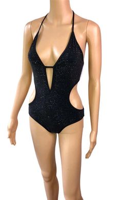 For Sale on 1stDibs - Gucci Crystal Embellished Cutout Black One Piece Bodysuit Swimsuit Swimwear Size M Excellent Condition! Gucci Swimwear For Summer, Gucci Beachwear Swimwear For Summer, Gucci Fitted Summer Swimwear, Glamorous Halter Neck Swimwear For Party, Black Embellished Evening Bodysuit, Glamorous Embellished Black Bodysuit, Gucci Beachwear For Summer, Elegant Embellished Black Bodysuit, Glamorous Backless Party Swimwear