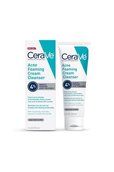 CeraVe Acne Foaming Cream Cleanser is a face wash specifically designed to treat acne. It contains 4% Benzoyl Peroxide, Hyaluronic Acid, and Niacinamide, which are known ingredients for their acne-fighting properties. The cleanser has a unique cream to foam formula that effectively removes dirt, oil, and impurities from the skin. It is fragrance-free and non-comedogenic, making it suitable for all skin types. Cerave Acne Foaming Cleanser, Acne Face Wash, Beauty Room Design, Treat Acne, Benzoyl Peroxide, Face Acne, Acne Free