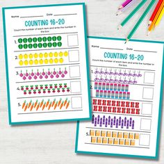 two counting worksheets with colored pencils next to them