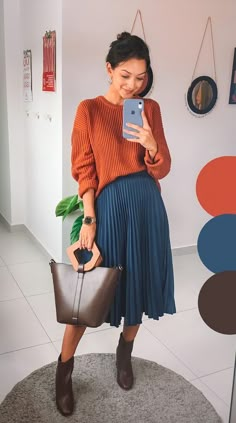 Merino Sweater Outfit, Teal Skirt Outfit Fall, Fall Business Formal Outfits, Navy Skirt Fall Outfit, Color Block Outfit Ideas, Fall 2023 Fashion Trends Colors, Orange Leather Skirt Outfit, Deep Autumn Style Outfit, Boho Office Outfit Plus Size