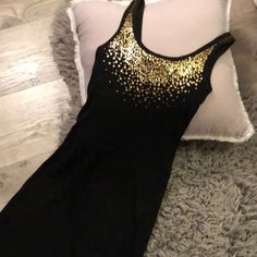 Gorgeous Black And Gold Dress With Plenty Of Stretch. Brand New Never Worn! Gold Black Sequin Dress, Gold Ans Black Dress, Black Evening Dress With Gold Embroidery, Black And Golden Dress, Black And Gold Sequin Dress, Versace Black And Gold Dress, Black And Gold Dress, Golden Dress, Gold Dress