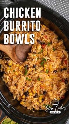 chicken burrito bowls in a crock pot with a wooden spoon on the side