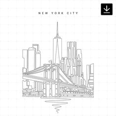 the new york city skyline is shown in black and white, as well as an outline drawing