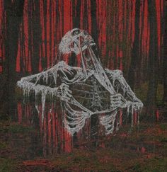 a drawing of a skeleton sitting in the middle of a forest with red trees behind it