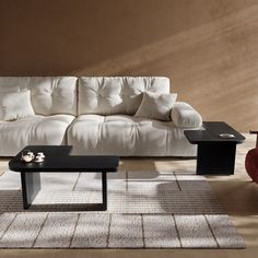 a living room with a couch, coffee table and rug on the floor in front of it