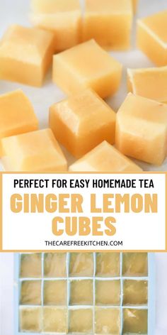 ginger lemon cubes with text overlay that reads perfect for easy homemade tea, ginger lemon cubes